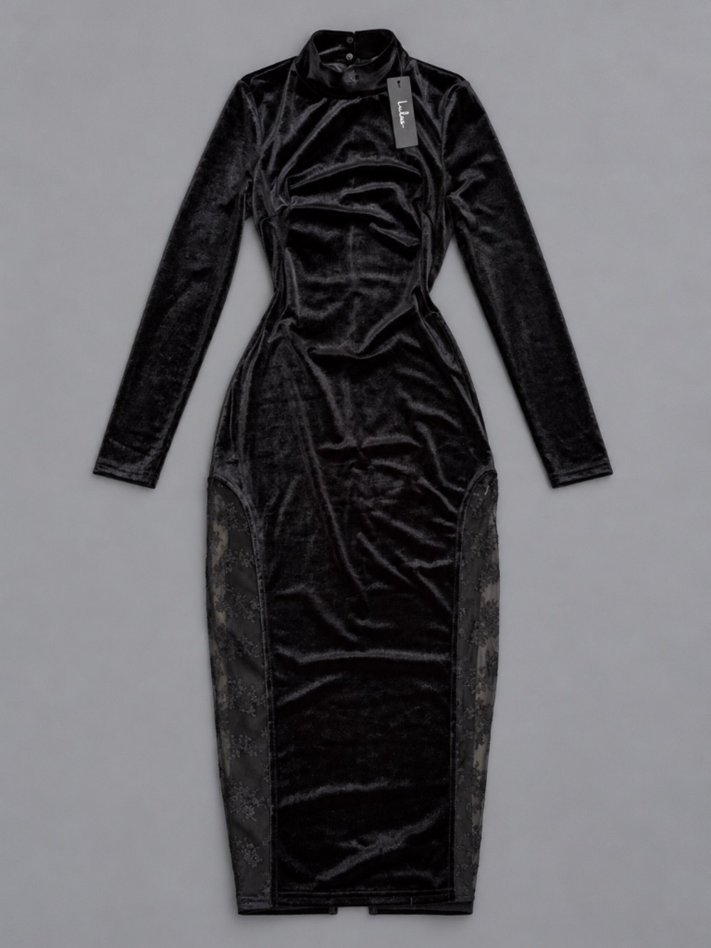 Lulus Black Velvet Lace Panel Bodycon Midi Dress Size S NWT